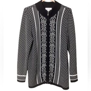 Christopher & Banks Black White Fair‎ Isle Knit Zip Cardigan Sweater Medium Cozy